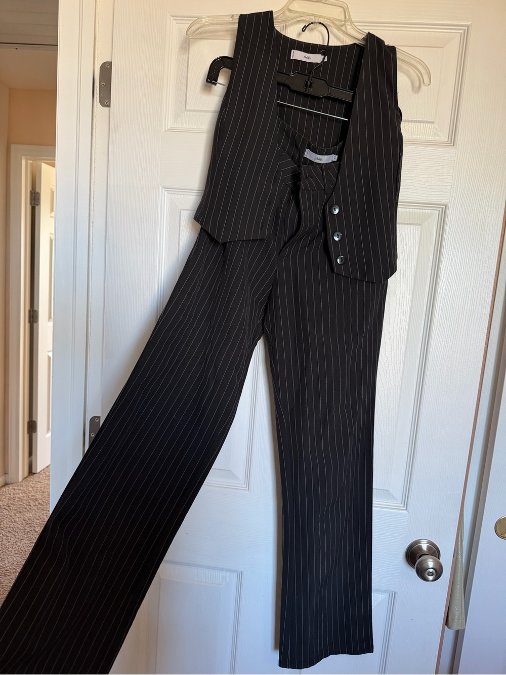 Adika Black Pinstripe Wide-Leg Pantsuit with Vest